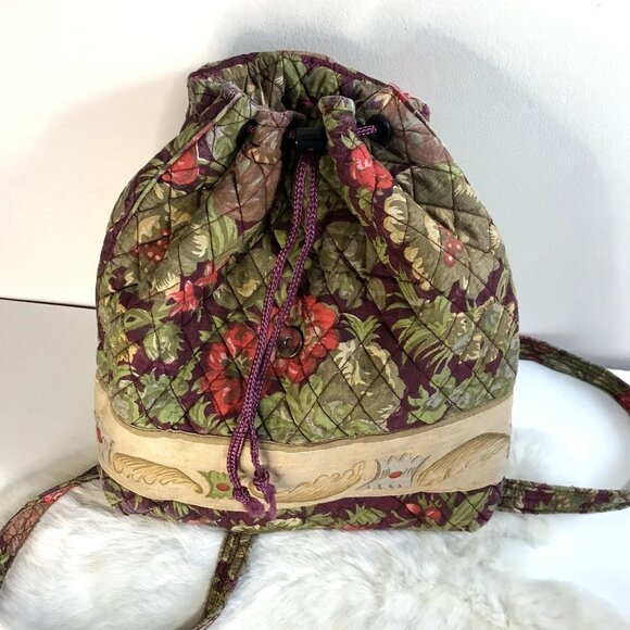 Vintage Quilted Cottagecore Fabric Drawstring Backpack 1990s Floral Bag Taupe main image 4